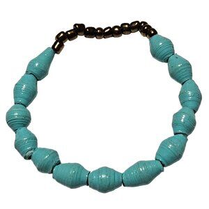 Handcrafted Paper Turquoise Gold Bead Elastic Bracelet Eco Friendly Recycled